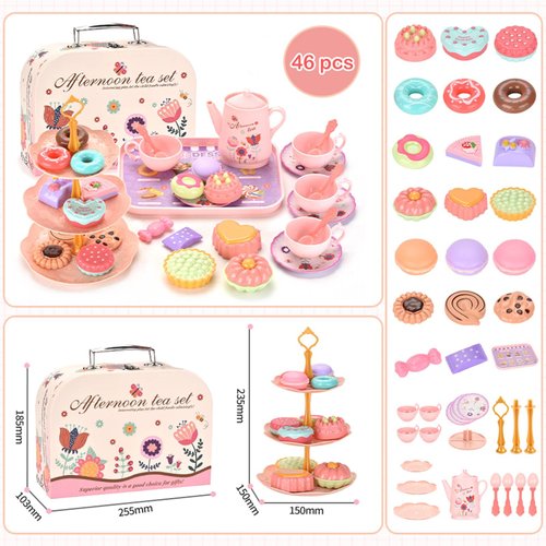 Lajeje 46pcs Kids Tea Party Set for Little Girls - Birthday Gift Toys for 3-8 Year Old Girls - Cute Princess Play Toddlers Tin Tea Set - Pretend Toys with Desserts, Flower Teapot, and Carrying Case