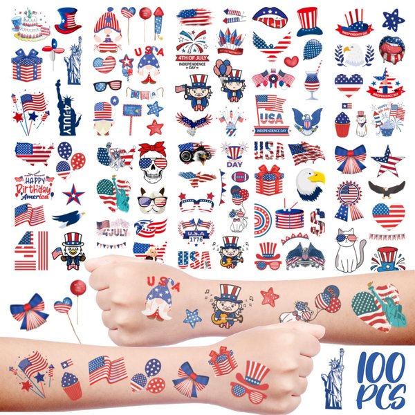 MYOKBAR 4th of July Tattoos of Kids Bulk,100 Patriotic Stickers Temporary Tattoo Kids,Waterproof Temporary Tattoos for Girls Boys Birthday Party Favors