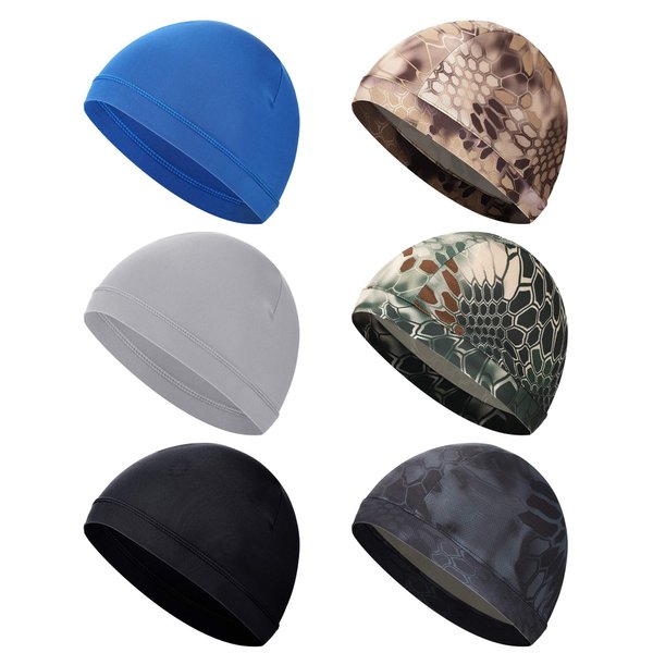 SATINIOR 6 Pieces Cooling Skull Caps for Men Helmet Liner Sweat Wicking Cap Wicking Beanies Hat Liner for Cycling Running (Black, Dark Blue, Grey, Camouflage)
