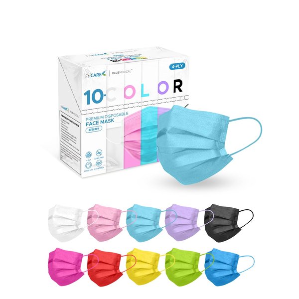 FriCARE 100Pcs Colorful 4 Ply Disposable Masks, Individually Wrapped Face Mask for Adults Women Men, Bright 10 Colors