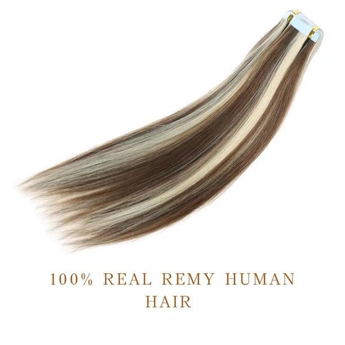 RINBOOOL Tape in Hair Extensions Human Hair, 16 Inch 40 Gram 20 Pieces, Real Natural Remy, 2 Tone Piano Color, Platinum Blonde Highlighted Medium Brown, 6/60