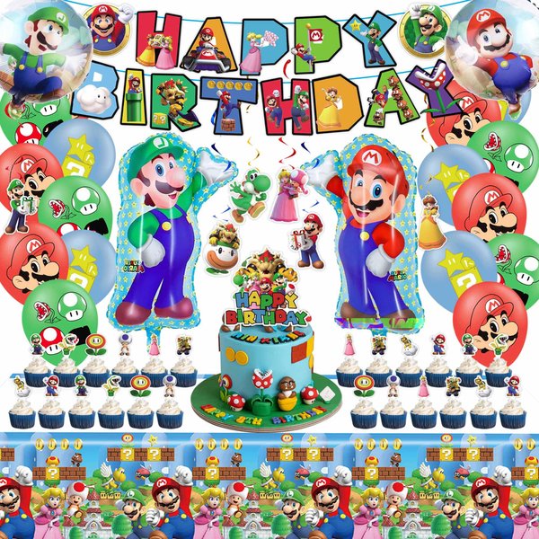 Mario Party Supplies Birthday Party Favors Super Mario Bros Birthday Decorations Include Birthday Banners, Balloons, Tablecloth, Cake Decoration, Cupcake Toppers, Hanging Swirls