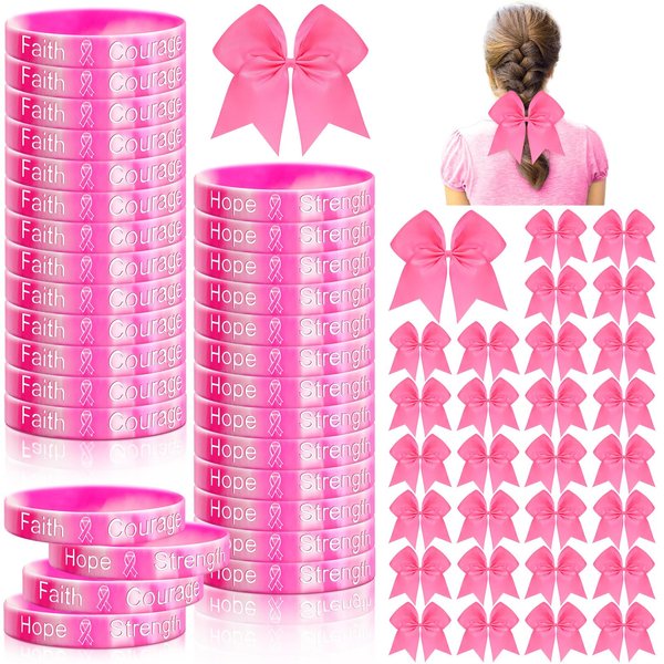 Retrowavy 60 Pcs Breast Cancer Awareness Cheer Hair Bows and Bracelets 30 Pink Cheer Hair Bows for Girls Women Cheerleading Hair Elastic Bands 30 Pink Ribbon Breast Cancer Silicone Rubber Wristbands