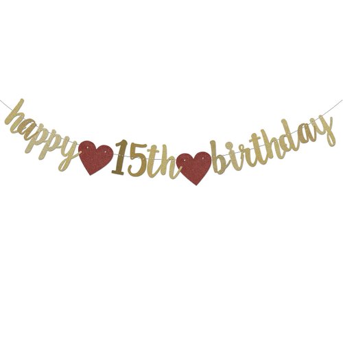 Happy 15th Birthday Banner, Gold Glitter 15 Years Old Boy or Girl Party Decorations, Cheers to 15 Years 15th Anniversary Supplies ZGMJ