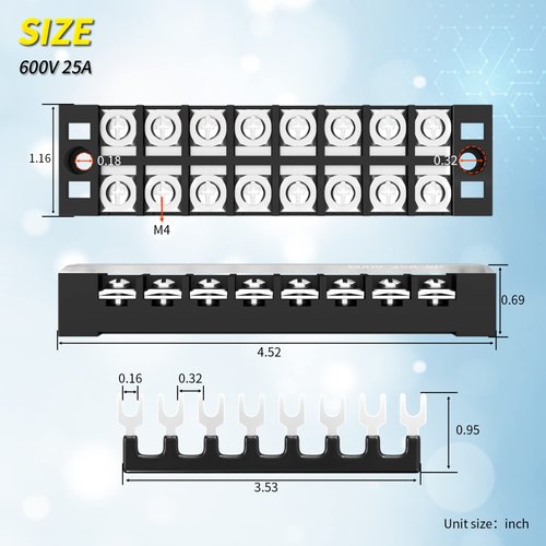 Joinfworld 8 Position Terminal Block 25A 600V Dual Row Screw Terminal Strip Dual Row with Cover and 8 Position Pre-Insulated Terminal Jumper Block - 4Sets