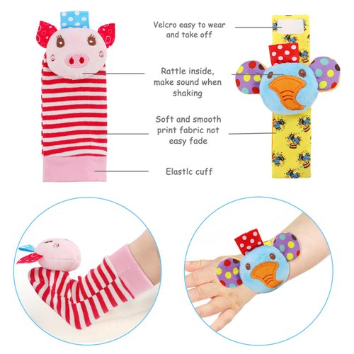 Infant Rattle Toys 0 to 3 Years, Baby Wrist Rattle Foot Finder Socks Set, Birthday Holiday Present for Newborn Boy Girl 0/3/4/6/7/8/9/12/18/24/36 Months Kids Toddler, Gift Box Package (4A-Pink)