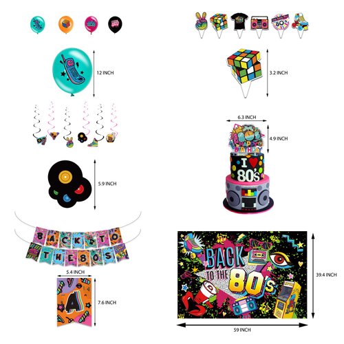 41pcs 80s Party Decorations Include Party Banner-Backdrop- Cupcake Toppers - Cake Top - Hanging Swirl - Balloons Festivals Party Supplies