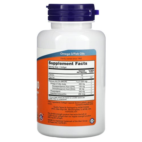 NOW Supplements, Neptune Krill, Double Strength 1000 mg, Phospholipid-Bound Omega-3, 60 Softgels