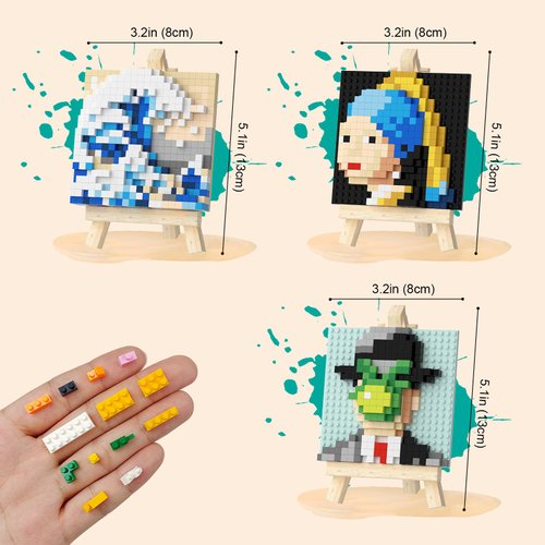 3 Packs World Famous Painting MOC Building Block Set, Kanagawa Surf & The Girl with The Pearl Earring & The Son of Man, with Mini Easel x 3 Mini Building Blocks Set (Not Compatible with Lego)