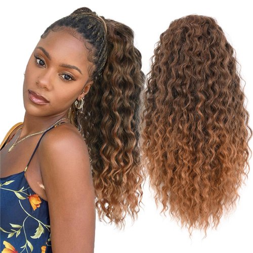 Somoreaty Curly Ponytail Extension for Black Women 20 Inch Wavy Curly Drawstring Ponytail Clip in Hair Extensions Synthetic Hairpieces Pony Tails Hair Extensions for Women(T1B/30)