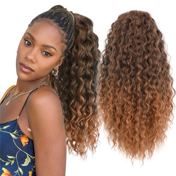 Somoreaty Curly Ponytail Extension for Black Women 20 Inch Wavy Curly Drawstring Ponytail Clip in Hair Extensions Synthetic Hairpieces Pony Tails Hair Extensions for Women(T1B/30)