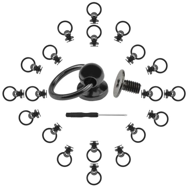HONSNKS Screwback Round Head Nail Rivet with Pull Ring 8mm Black Leather Rivets Studs for DIY Leather Craft Purse Phone Case Handbag Clothes with Mini Screwdriver, 20PCS