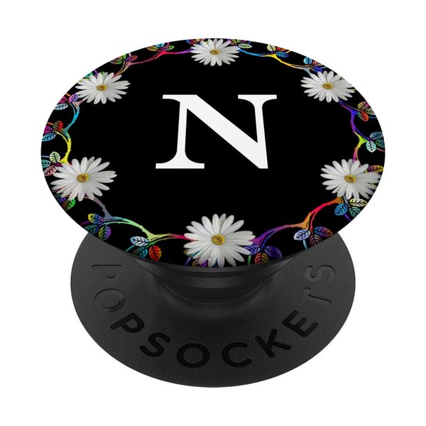 Cell Phone Pop Out Holder,Black White Daisy Flower Letter N PopSockets Grip and Stand for Phones and Tablets