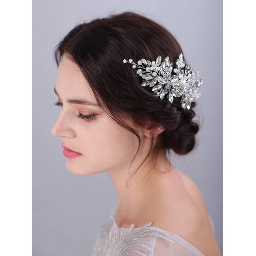 JWICOS Silver Bride Wedding Hair Comb Crystal Pearl Flower Bridal Headpiece Hair Accessories for Women and Girls