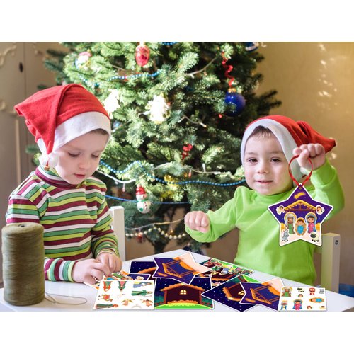 SIOCHOME Make a Nativity Scene Sticker Ornament Craft Kit Christmas 24 Religious DIY Nativity Christmas Stickers Christmas Ornaments Craft Set with Ropes for Religious Party Favor Game for Kids