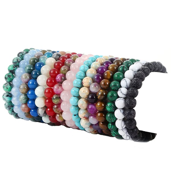FINZOR 15 Pcs 8mm Healing Stone Beaded Bracelets for Women Men Semi-Precious Gemstones Bracelets Crystal Beaded Bracelet Unisex Adjustable Stretch Bracelets