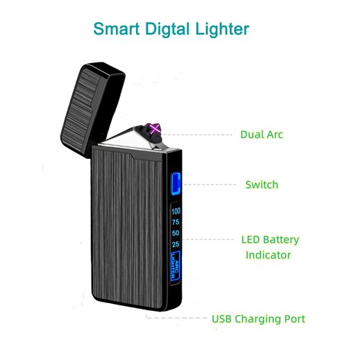 ULMCULM Electric Lighter, USB Rechargeable Lighter, Plasma Dual Arc Lighter, Windproof Flameless Lighter, Pocket Metal Lighter with LED Battery Indication for Candles, Incense, Camping (220mAh, Black)