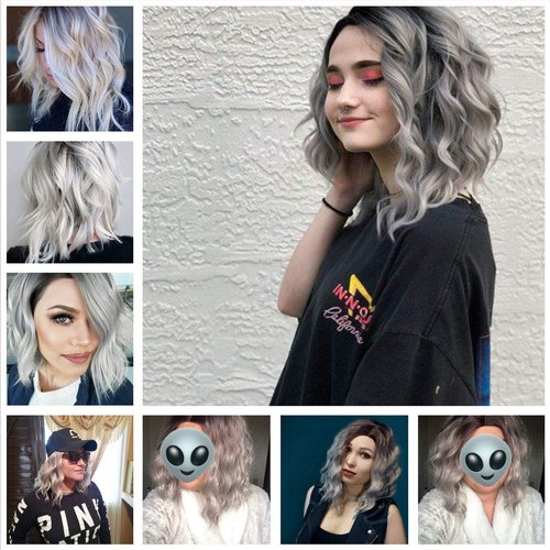 FAELBATY 14 Inch Curly Grey Wig Short bob Wigs Shoulder Length side part Women's Short Wig ombre color Synthetic Cosplay Wig for Girl Halloween Costume Wigs Ombre Purple Grey Color