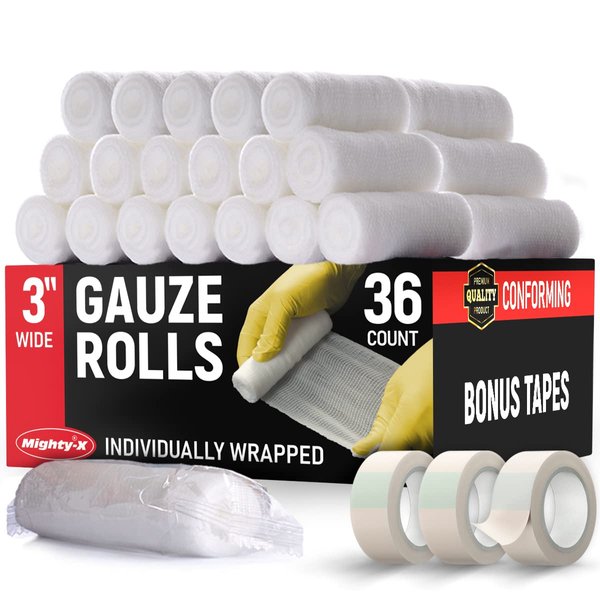Premium Gauze Rolls - (36 Pack) - 3" x 4.1yd First Aid Rolled Gauze - Individually Wrapped + 3 Free Bonus Tapes - Conforming Breathable Gauze Wrap Roll for Wounds