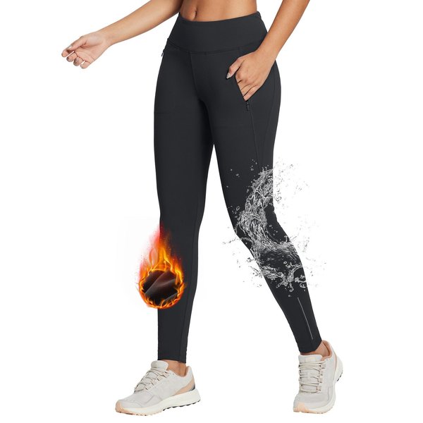 BALEAF Women's Fleece Lined Leggings Water Resistant High Waisted Winter Cold Weather Running Gear Zip Pockets Black M