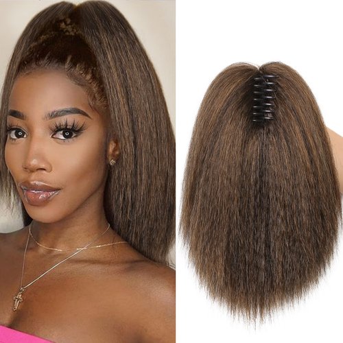 LADY MIRANDA 12 Inch Yaki Ponytail Extension for Black Women Synthetic Kinky Straight Ponytail Fluffy Thick Kinky Ponytail Clip in Ponytail Hair Extensions (12 Inch, M30)