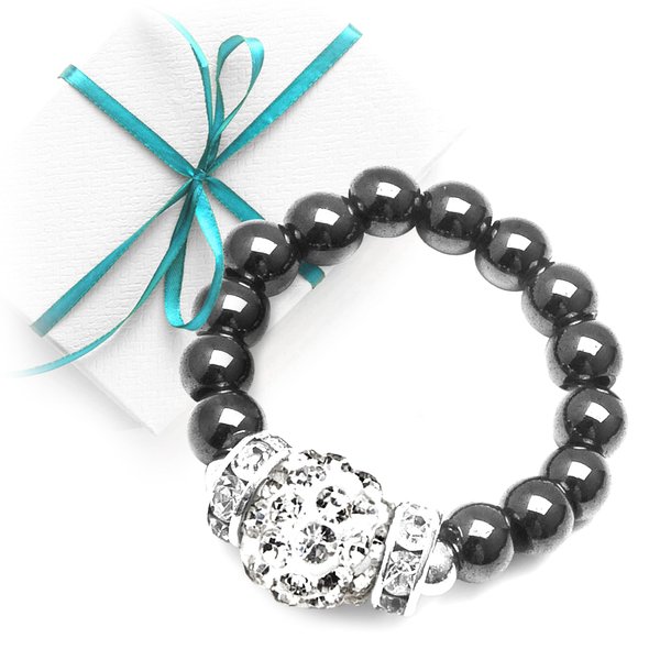 MAGNEHEALTH - Black and Silver - Shamballa Magnetic Hematite Stretch Wellness Ring (Small) - Stainless Steel Ring, Hematite Ring