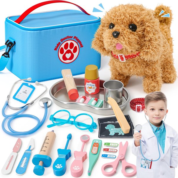 G.C Dog Toys for Kids Doctor Kit, Wooden Veterinarian Playset Walking Barking Electronic Interactive Stuffed Dog & Medical Bag Vet Costume Pretend Play Puppy Care, Gifts for Kids Girls Aged 3 4 5 6+