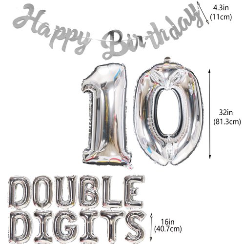 10th Birthday Decorations for Boys Girls, Double Digits 10th Birthday Balloon Happy 10th Birthday Banner Jumbo Number 10 Foil Balloons for 10 Years Old Boys Girls Sons Daughter(Black)