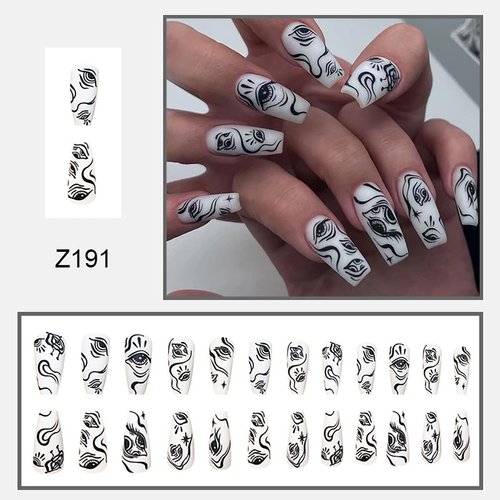 24 Pcs Coffin Press on Nails Medium Length Gothic Eye False Nail with Horror Eye Designs Fake Nails White Glue on Nails Natural Full Cover Reusable Acrylic Artificial Nails for Women Girls