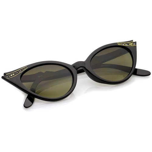 zeroUV 50s Vintage Cat Eye Sunglasses for Women UV400 Embellished with Rhinestones, Pinup Girl and Rockabilly Accessories, Fashionable Retro Jeweled Glasses 50mm (Black)