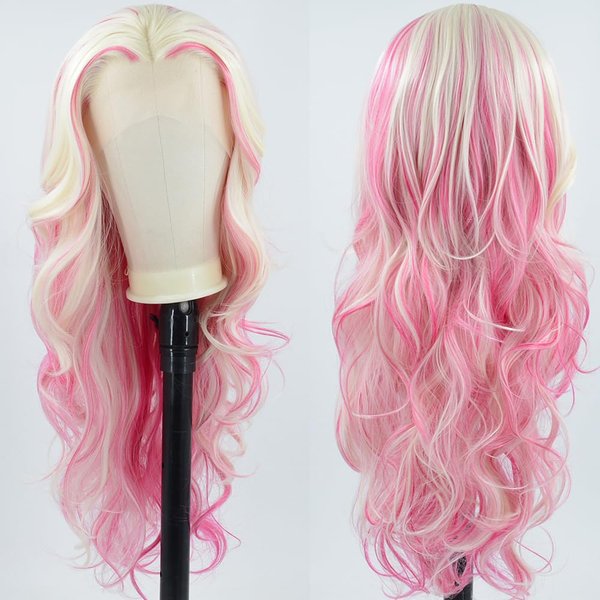 ZHYWIGS Long Wavy Hot Pink White Lace Front Wig Pink Skunk Stripe Platinum Blonde New Synthetic Hair For Women