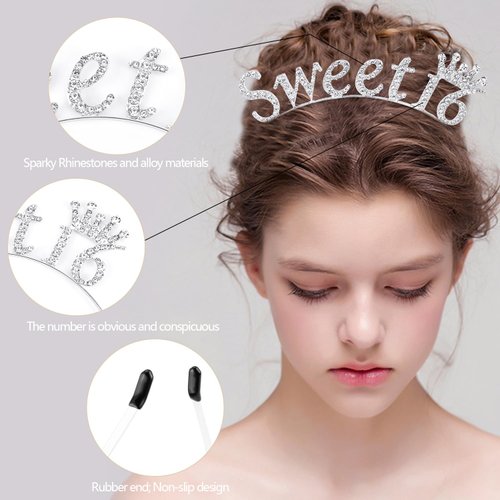 SuPoo Silver 16th Birthday Crown and Sash Sweet 16 Tiara Headband 16th Birthday Decorations for Girls Sweet 16 Sash Happy Sixteen Party Decorations Party Favors Birthday Girl Headband