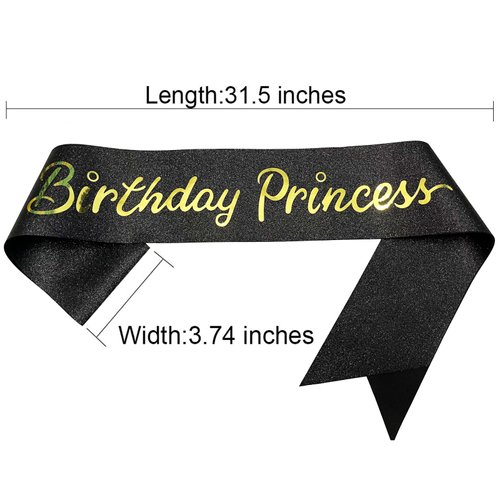 NAUXIUDSJS Birthday Sash for Women, Birthday Princess Glitter Black Sash with Foil Letter, Party Favors Supplies for 18th 21st 30th 40th 50th 60th 70th 80th or Any Bday Party,Black