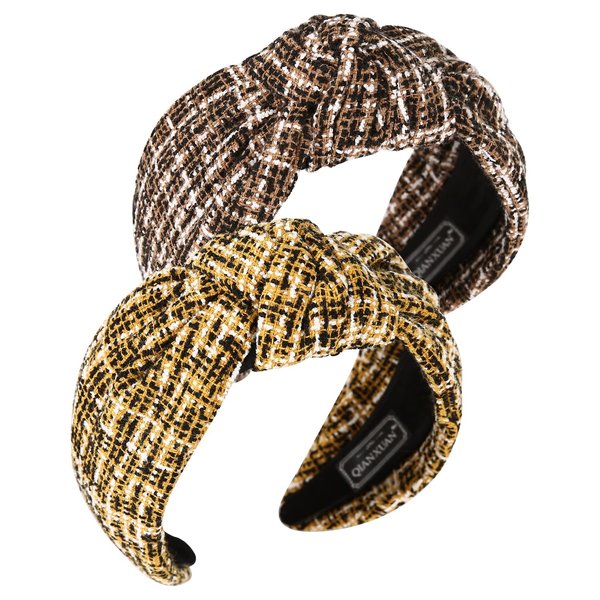QIANXUAN Knotted Turban Headbands For Women Knit Hair Bands For Women's Hair Top Knot Headband Plaid Elegant Twill Hair Accessories Fashion Brown Hairband For Girls