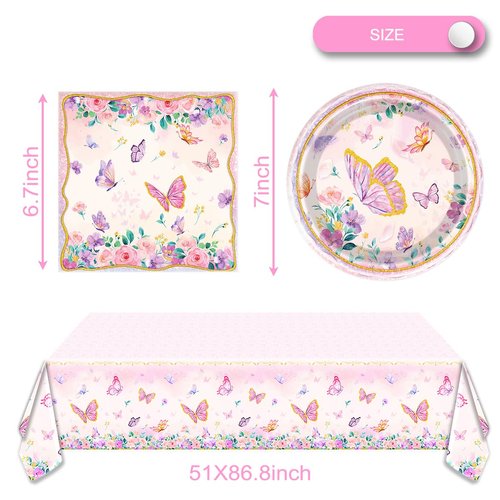 OULUN Butterfly Party Tableware,Butterfly Birthday Party Supplies Including 20 Plates 20 Napkins and Tablecloths,Butterfly Baby Birthday Party Decorations