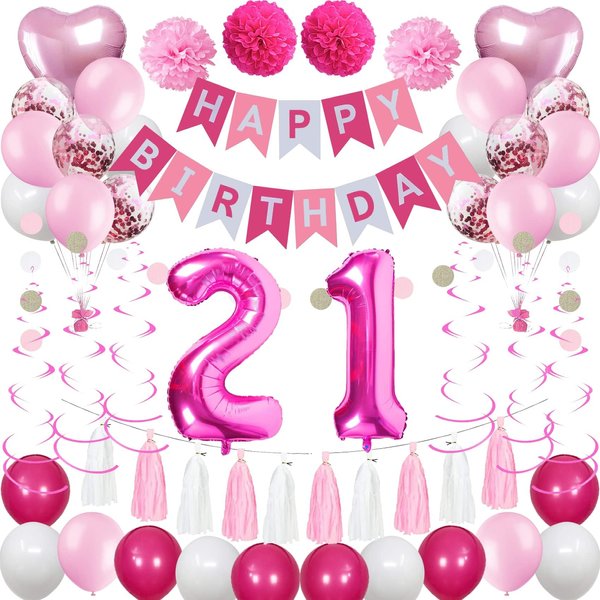 Sweet 21st Birthday Decorations for Women, Pink and White 21 Happy Birthday Balloons，21st Birthday Party Supplies for Her Girlfriend Wife Including Pink Happy Birthday Banner, Hot Pink Number 21 Foil