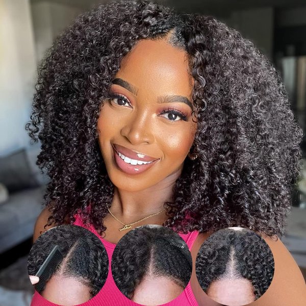 Nadula V Part Kinky Curly Wigs Human Hair No Leave Out Upgraded U Part Wigs for Women Affordable 4C Afro Curly Vpart Wigs Clip in Half Wig Beginner Friendly 150% Density Natural Color 18inch