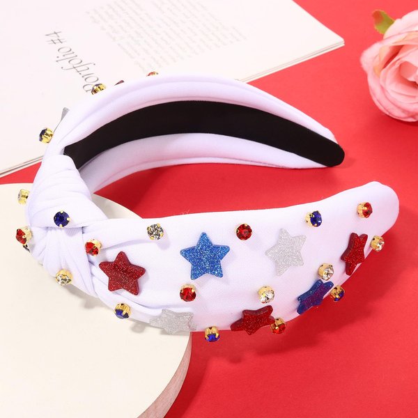 4th of July Headbands for Women American Flag Headband Patriotic Red Blue White Star Knotted Headband Embellished Rhinestone Wide Top Knot Headband 4th of July Hair Accessories Outfits Gifts (White 2)