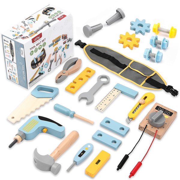 umu Wooden Kids Tool Set for Toddlers, Pretend Toy 25 Pieces Construction Tool Toy Set Backpack for 3, 4 and 5 Year Old Girls and Boys