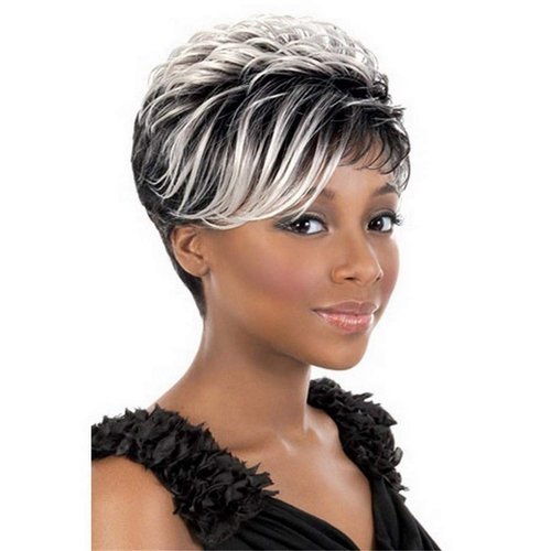 Divine Hair Short Mix Gray Hair Wigs For Women Short Pixie Cut Synthetic Wigs For Black Women Short Gray Pixie Wigs With Bangs Short Ombre Gray Pixie Cut Wigs For Women (COM059)