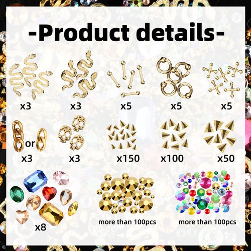 editTime 3D Metal Punk Nail Charms Jewels Kit, 300pcs Alloy Cone Rivet Spike Snake Skull Studs with 9pcs Big Glass Pointed Bottom Rhinestones and 200pcs Flatback Resin Rhinestones (gold)
