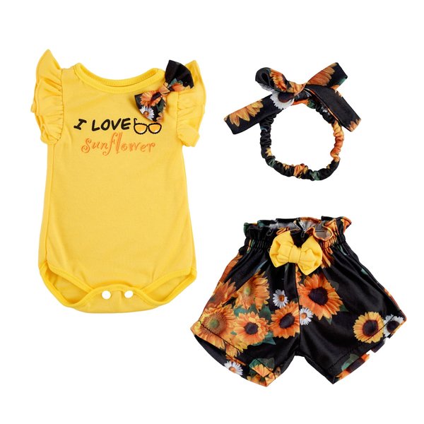 BABESIDE 3 Pcs Reborn Baby Doll Clothes Set for 17-22 Inch Dolls, Sunflowers Pattern Baby Doll Clothes Doll Accessories Set with Doll Headband for Realistic Baby Doll Girls, Yellow & Black
