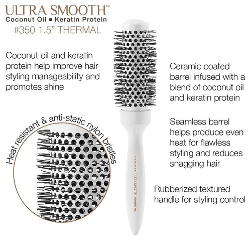 Cricket Ultra Smooth Coconut 1.5” Thermal Ceramic Barrel Hair Brush Anti-Static Heat-Resistant Hairbrush for Blow Drying, Curling and Styling All Hair Types