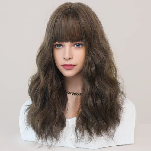 PARK YUN Long Dark Brown Wavy Wigs for Women - Glueless Realistic Synthetic Wave Wig with Bangs, 150% Heat Resistant Wig for Girls Daily Party 21 in