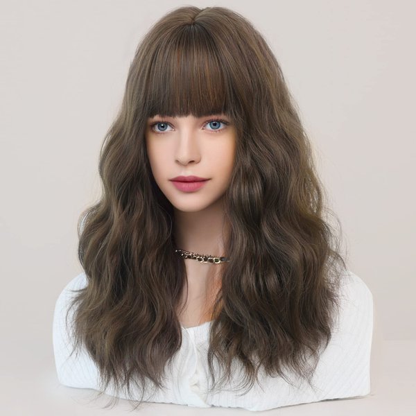 PARK YUN Long Dark Brown Wavy Wigs for Women - Glueless Realistic Synthetic Wave Wig with Bangs, 150% Heat Resistant Wig for Girls Daily Party 21 in