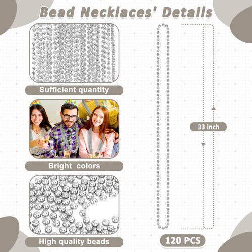 Mardi Gras Beads Necklaces, 120PCS Bead Necklace, 33 IN Mardi Gras Beads, Silver Party Beads, Parade Throws Bulk for Christmas Pirate Baby Shower Wedding Birthday Party Favors Supplies Decor