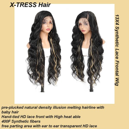 X-TRESS 32Inch Blonde Highlight Synthetic Lace Front Wig for Women Heat Resistant Fibre Glueless Lace Front Synthetic Wigs Pre Plucked with Baby Hair Natural Crimps Hair Wigs(#F1B/27)