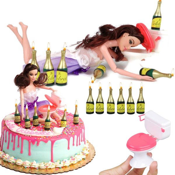 Happy 21st Birthday Cake Topper Decorations For Her With Mini Liquor Wine Bottle Candles, Toilet & Jointed Doll | 21st Birthday Decoration Party Supplies | Drunk Doll Cake Toppers