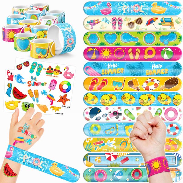 Cherisnowy 48 PCS Pool Party Favors 24PCS Tattoos Stickers 24PCS Slap Bracelets Wristbands Perfect for Themed Birthday Baby Showers or Classroom Rewards Ideal Decor and Gifts for Girls and Boys