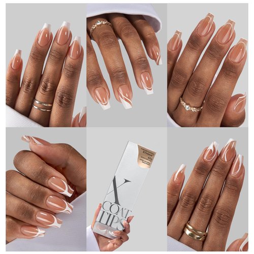 BTArtbox French Tip Press on Nails - 5 Styles XCOATTIPS Short Coffin Nails, Pre-Designed Swirl Soft Gel Nail Tips, Ultra Fit False Nails, Soak Off Acrylic Fake Nails Extensions for Nail Art DIY